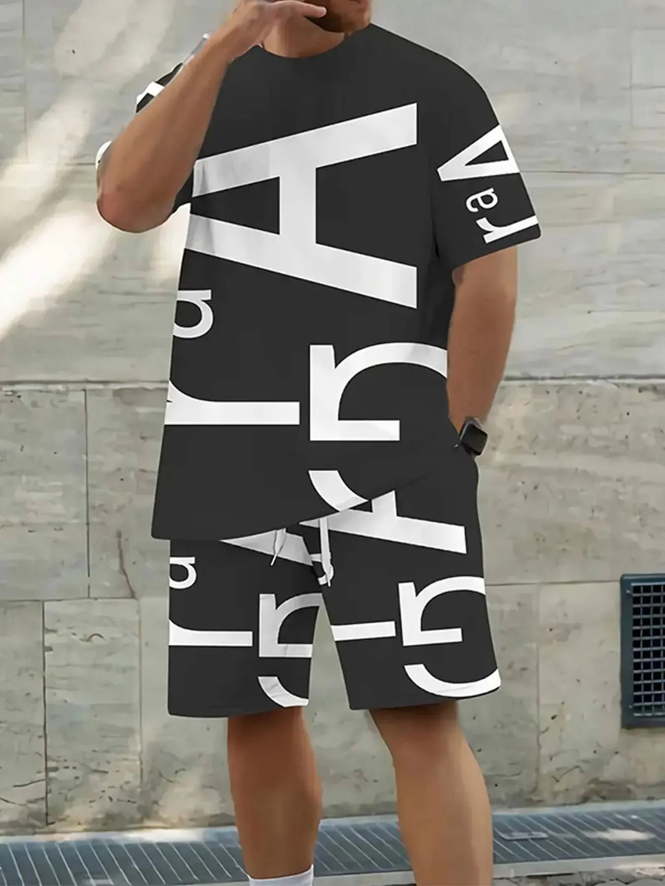 

Men's new summer fashionable breathable round neck top paired with letter pattern drawstring shorts casual sweat wicking set