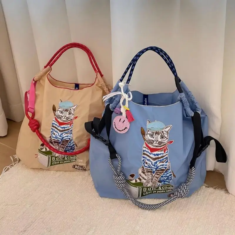 Kawaii Ball Chain Painter Cat Canvas Bag for Girls, Foldable Large Capacity Handbag, Oxford Shoulder Embroidered Nylon Bag Thorn