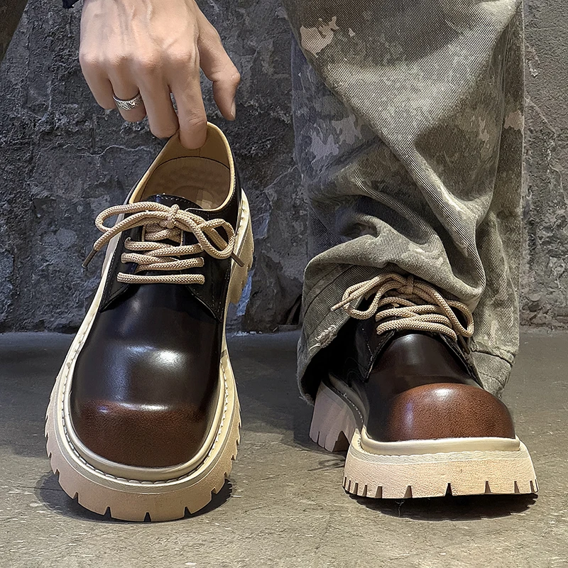 Men Height-increasing Large-brimmed Derby Shoes Brand Casual Lace-up Thick-soled Durable Busines Leather Shoes Music Party Shoes