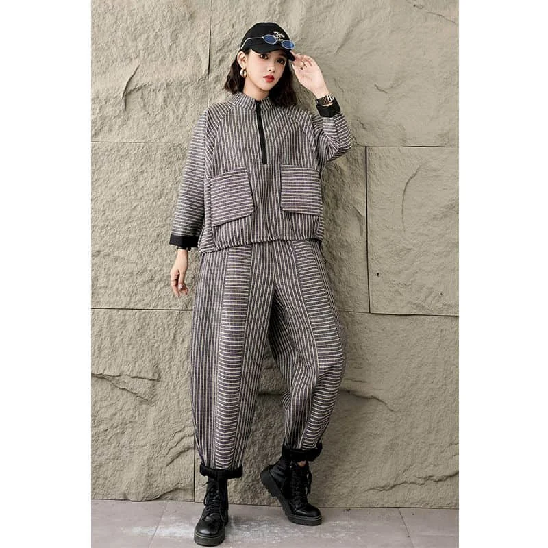 Vintage Pants Sets Long Sleeve Striped Tops and Casual Harem Pants Loose Harajuku Korean Style Two Pieces Sets Women Outfits