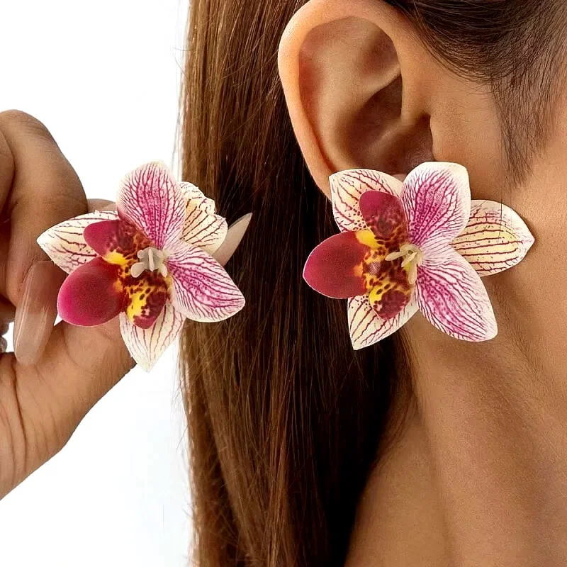Bohemian Colorful Polyester Large Flowers Earrings for Women Girls New Trendy Vintage Vacation Stud Earrings Jewelry Accessories