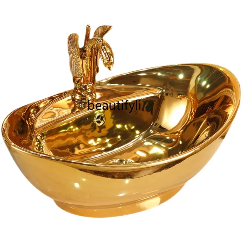 

Gold Ingot Table Basin Ceramic Art Basin European Style Bathroom Inter-Platform Basin Washbasin Modern Retro Sink