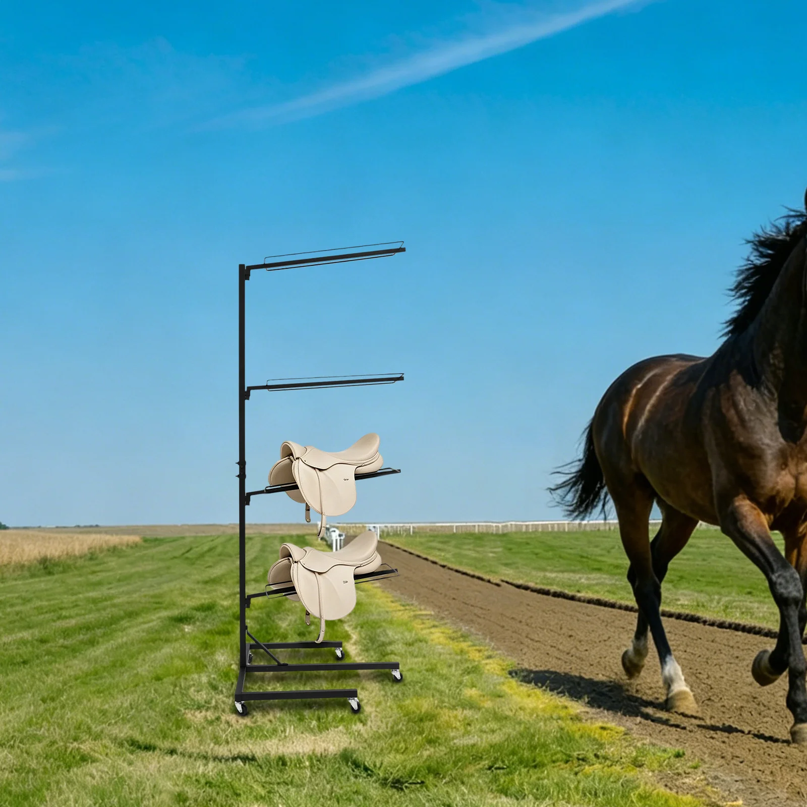 4 Tier Saddle Rack with Wheels, Heavy Duty Saddle Holder 40lbs, 5 Locking Casters for Riding School Farm
