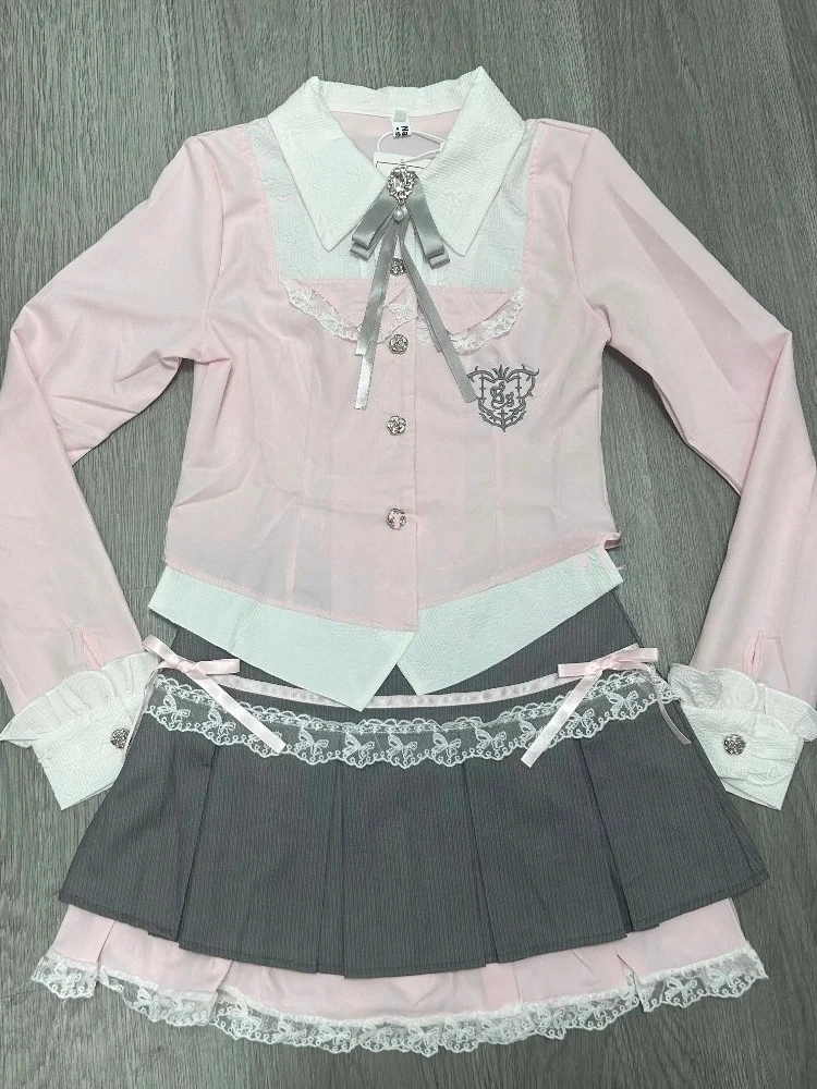 

Осенний сладкий комплект из 2 предметов в студенческом стиле JK, женская рубашка из двух предметов + мини-плиссированная юбка, японский модный тонкий костюм Kawaii 2025