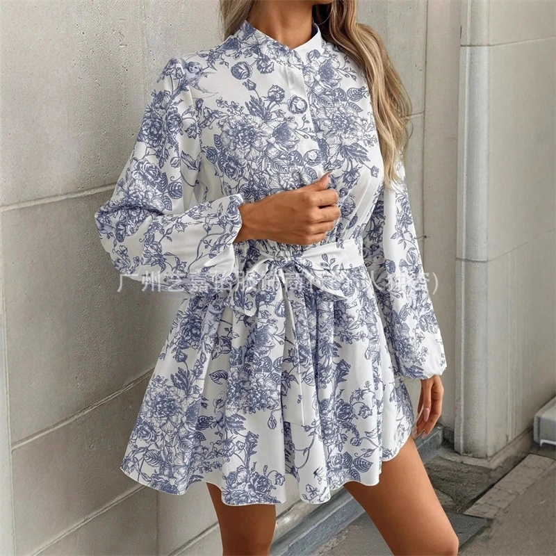Women Spring Autumn Floral Print Midi Dress Tie Waist Puff Sleeve Long Sleeve Elegant Casual Fashion 2025 New Arrival