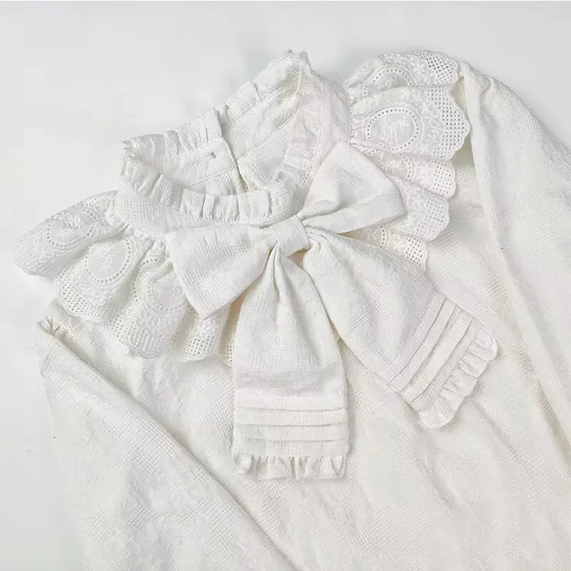 ロリータ風インナーロングスリーブ春秋ハーフハイネックボウフリルキュート万能ジャカードコットンシャツJKブラウス新作