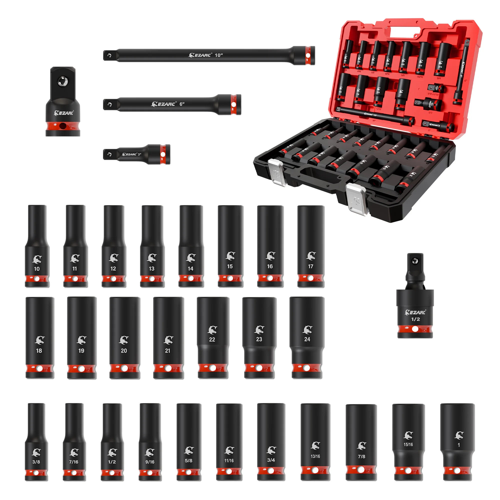 

31Pcs 1/2" Drive Impact Socket Set, SAE(3/8–1 in) & Metric(10–24 mm) Deep Sockets, 3/6/10 in Extensions, Universal Joint & Adapt