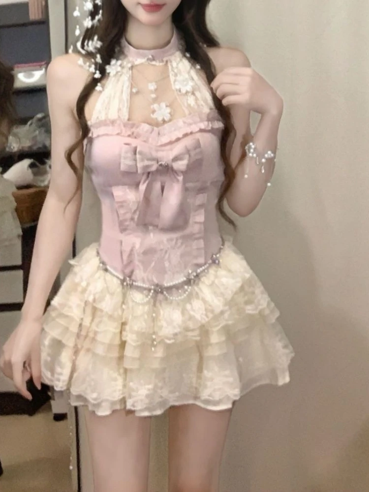 

Japanese Sweet Lace Patchwork Cute Slim Outfit Women Hollow Out Tops + Mini Cake Skirt New Harajuku Kawaii Two Piece Set Summer