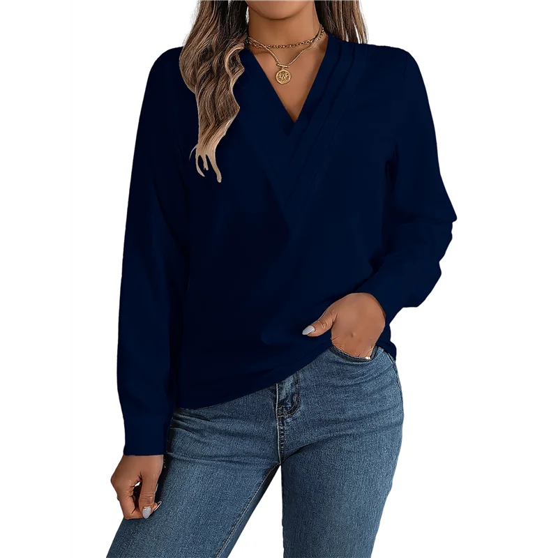 

CGS-Женская плиссированная блузка с v-образным вырезом и длинными рукавами, офисная одежда, топ