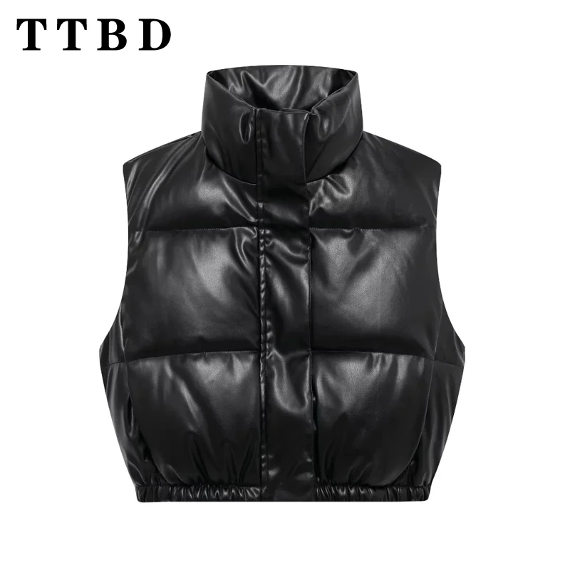 

TTBD 2024 New Autumn Women's Chic Black Faux Leather Padded Waistcoat Jacket Thick Warm Outerwear Tops