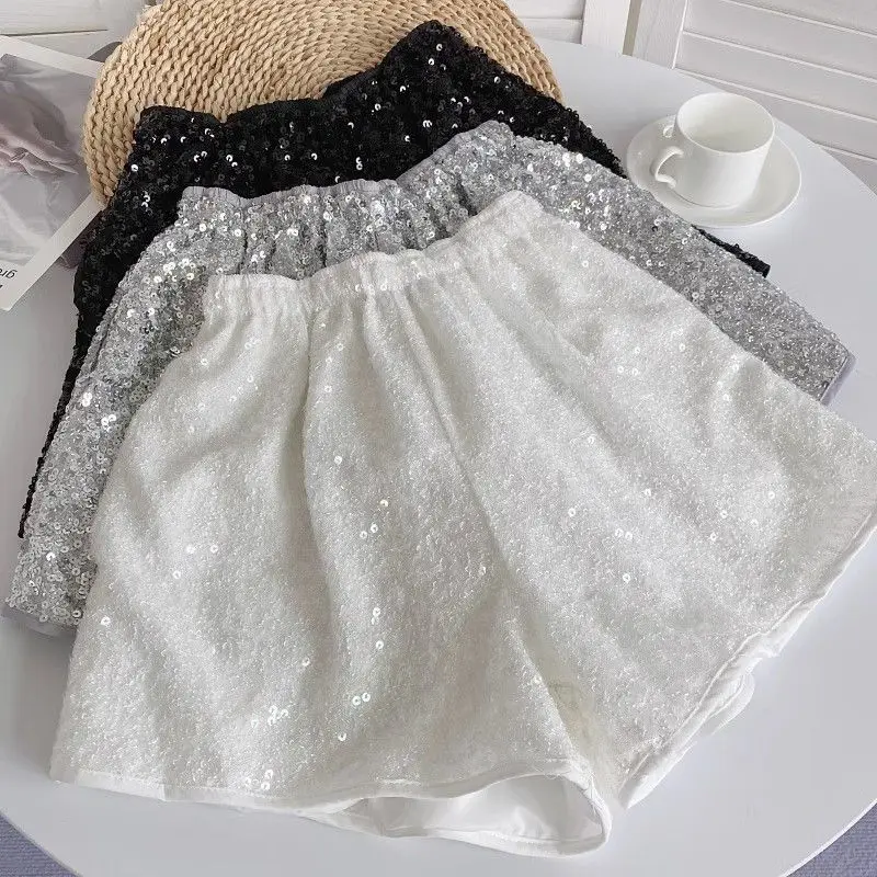 شورت نسائي لامع مزين بالترتر ، خصر مرتفع ، ساق واسعة أنيقة ، نحيف ، بنطلون عالي في الشارع ، أحادي اللون ، كاجوال ، صيفي ، ساخن ، جديد