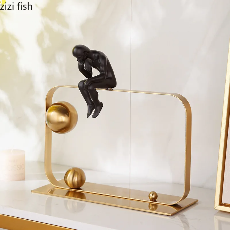 Metal Thinker Character Statues Desktop Creative Sculpture Crafts Character Ornaments Figurines Home Decoration Ornaments