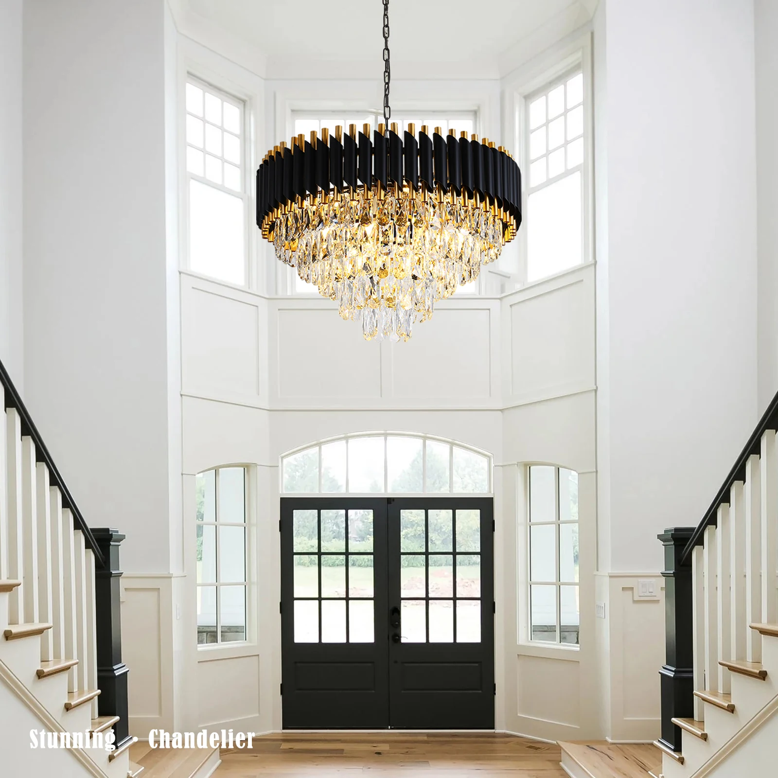 Modern Crystal Chandeliers 5-Tier K9 Round Black and GoldCrystal Chandeliers Light Fixture 12 Lights