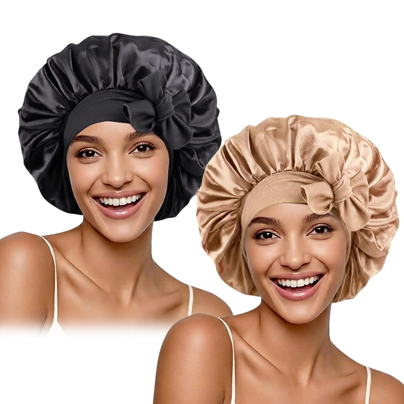 

2 шт./лот. Новые женские атласные шелковистые шапочки для сна с эластичной завязкой, шапочка для душа, чехол для волос, тюрбан для кудрявых и плетеных причесок