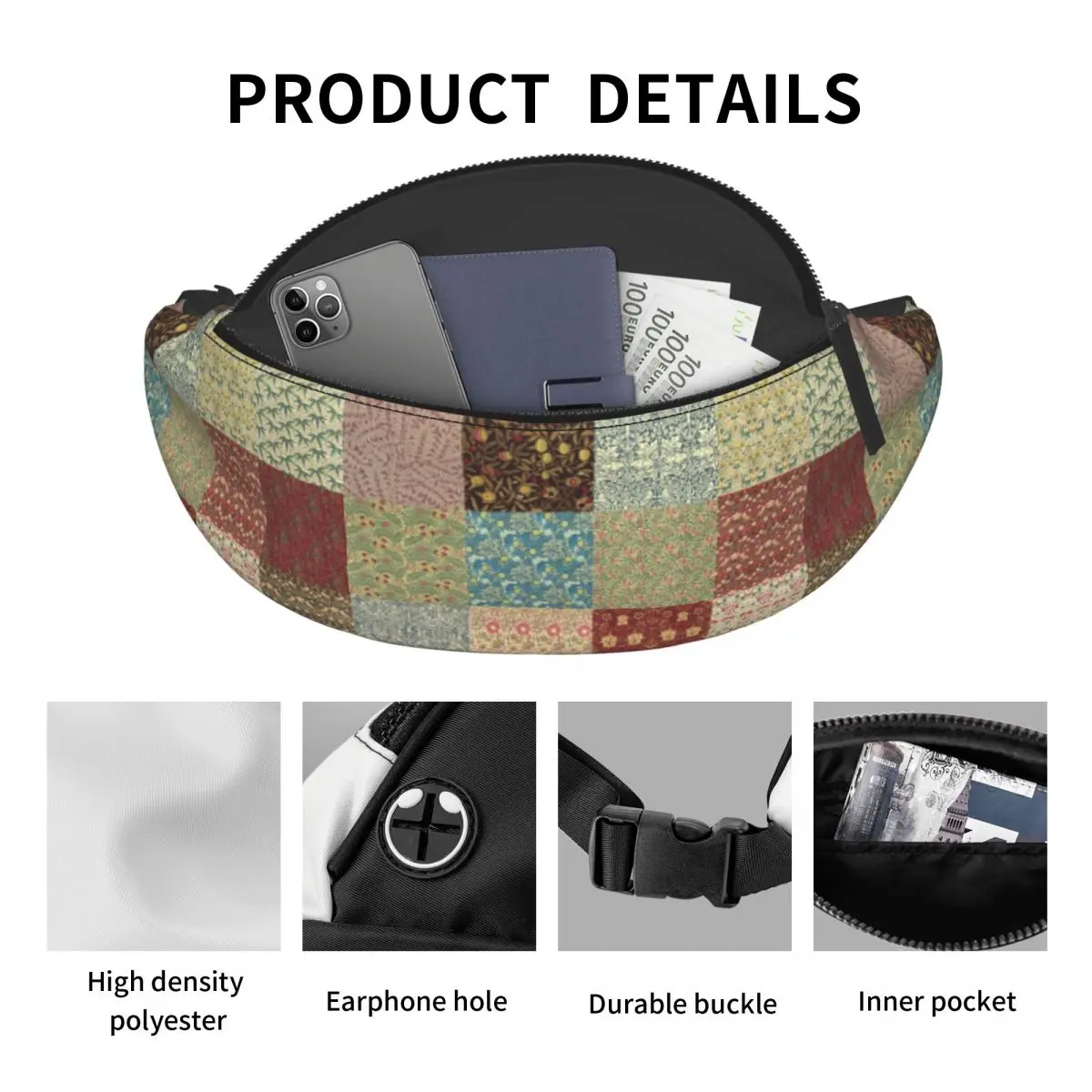 Cool William Morris Padrão Coleção Fanny Pack Homens Mulheres Floral Têxtil Crossbody Saco da cintura para correr Telefone Money Pouch