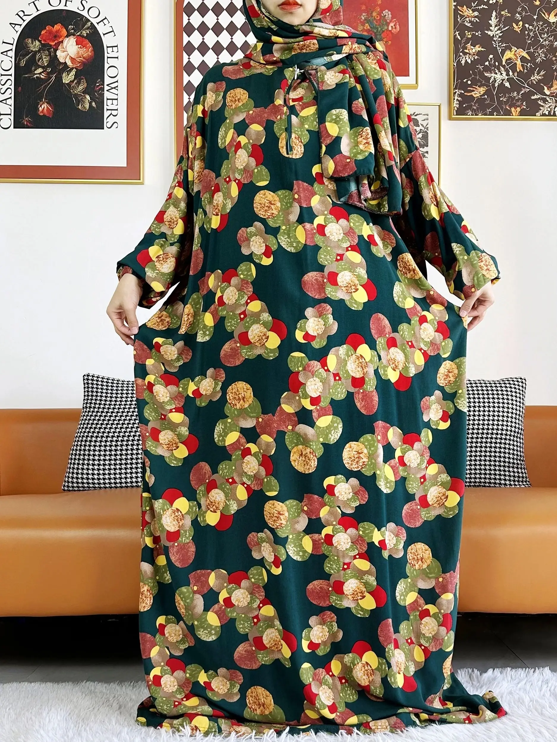 2024 Muslim Cotton Abaya Ramadan Floral Prayer Garment Dubai Turkey Middle East Femme Robe Loose African Dress Turban Joint