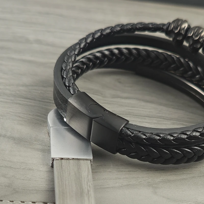 Trendy Multilayered Woven Bracelet Featuring Ghost Head Design Made of Durable Stainless Steel with Easytouse Magnet Closure