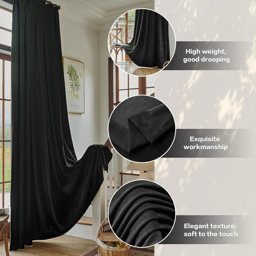 84 ستائر مخملية طويلة بطيات مع خطافات، معزولة حراريًا، سواد الغرفة، 52 عريضة، أسود