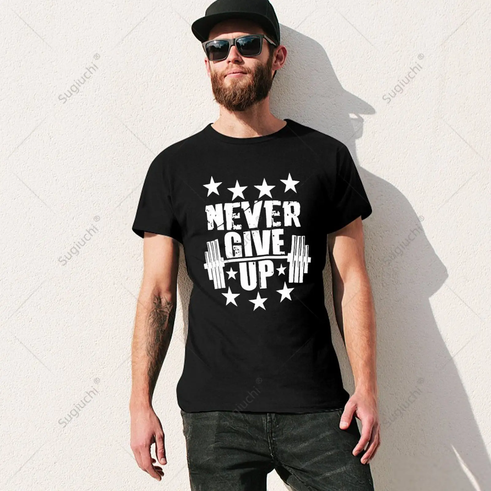 Unisex Men Never Give Up Motivational Bodybuilding Tshirt Tees T Shirts Women Boys 100% Cotton T-Shirt