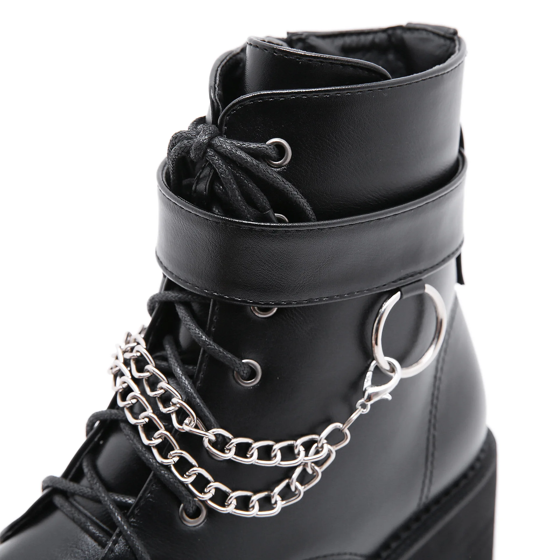 8cm Gothic Black Ankle Boots For Women Plus High Heel Female Shoes Lace-Up Nigh Club Black Sexy Rivets Chain Short Boots