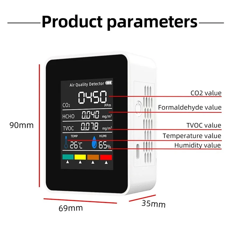 Tech 5 em 1 monitor digital de sensor de qualidade do ar CO2 HCHO TVOC monitor de umidade e temperatura testador de CO2 LCD recarregável