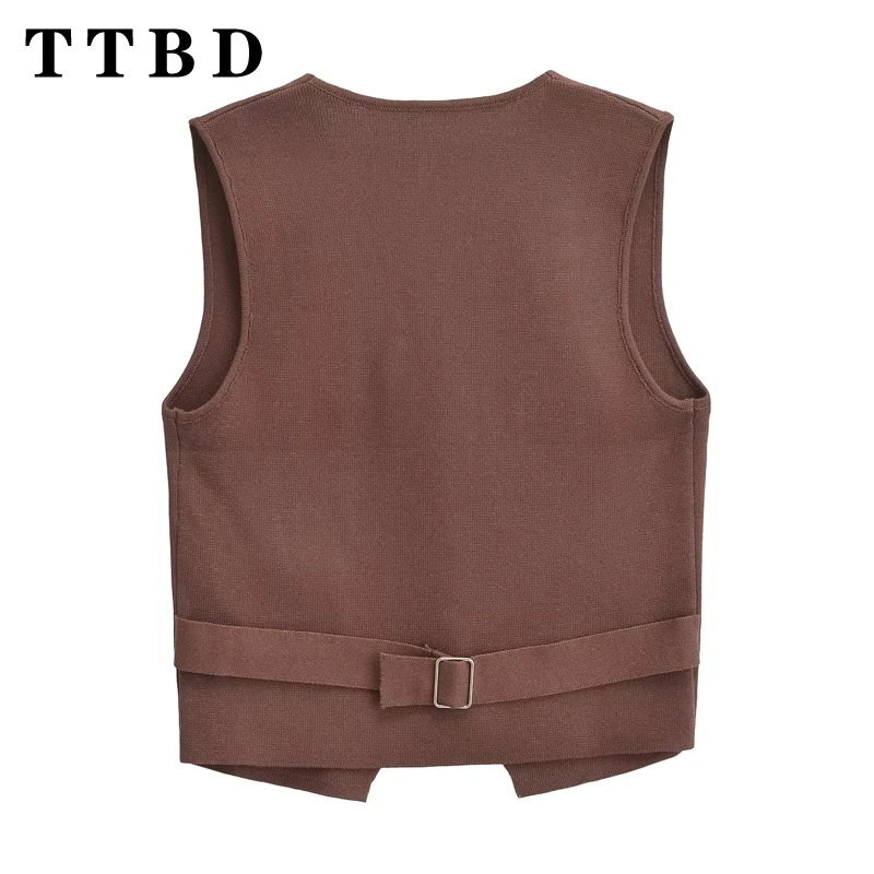 TTBD Woman 2024 New Autumn Casual V-Collar Waistcoat Coat Female Vintage Sleeveless Jacket Solid Color Top Single-breasted Gilet