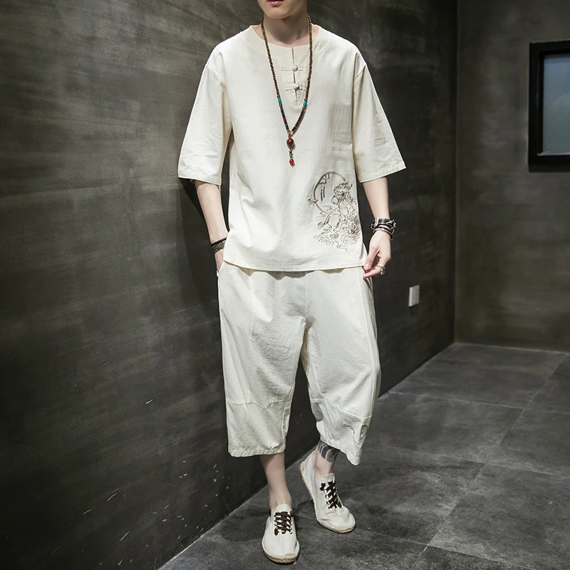 

Youth Cotton Linen Set Hanfu Retro Sle Embroidered Men's Summer Clothing T-irt V-Ne ort Sve Plant Floral Pattern