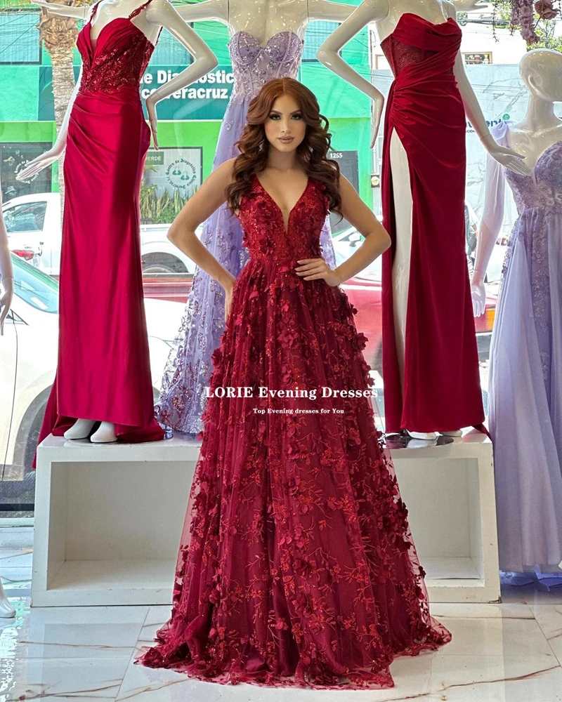 LORIE Tulle Evening Dresses Vestidos Para Mujer Gala Luxury Lace Appliques V-neck Burgundy A-line Party Dresses Robes De Soirée