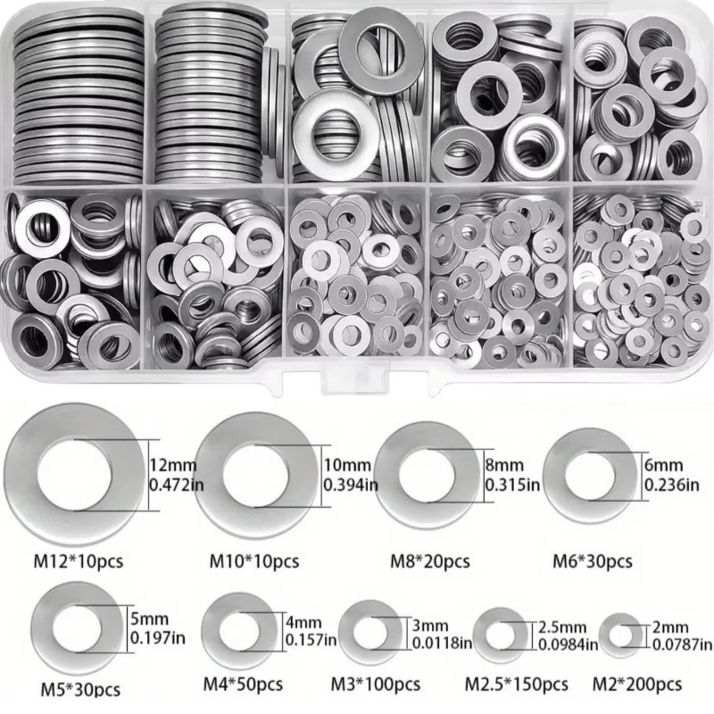 600pcs Set Flat Washers M2-M12 Galvanized Finish Polished Look Sturdy End for Home Decoration Hardware Accessories