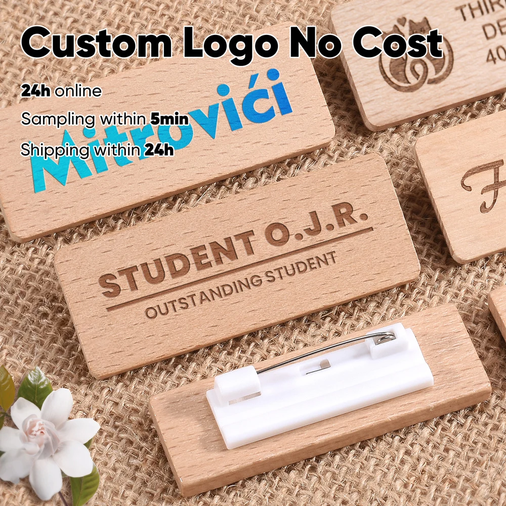 60*20 مللي متر دبابيس مجانية قابلة للتخصيص دبوس لوحة معرف الأعمال علامة خشبية شارات اسم مخصصة شعار نص محفور شخصي مجاني