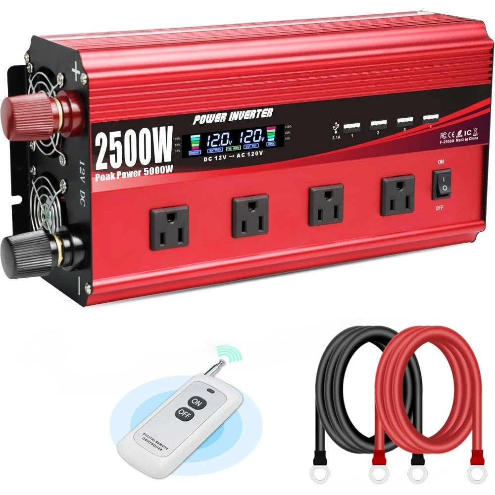 

2500W Power Inverter 12V to 110V DC to AC with LCD Display, Remote Controller 4 x AC Outlets and 4 x 3.1A USB Car Adapter