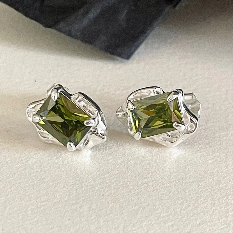 

PONYKISS 925 Silver Olive Green Zircon Stud Earrings for Women Minimalist Trendy Fine Jewelry Irregular Geometric Accessories