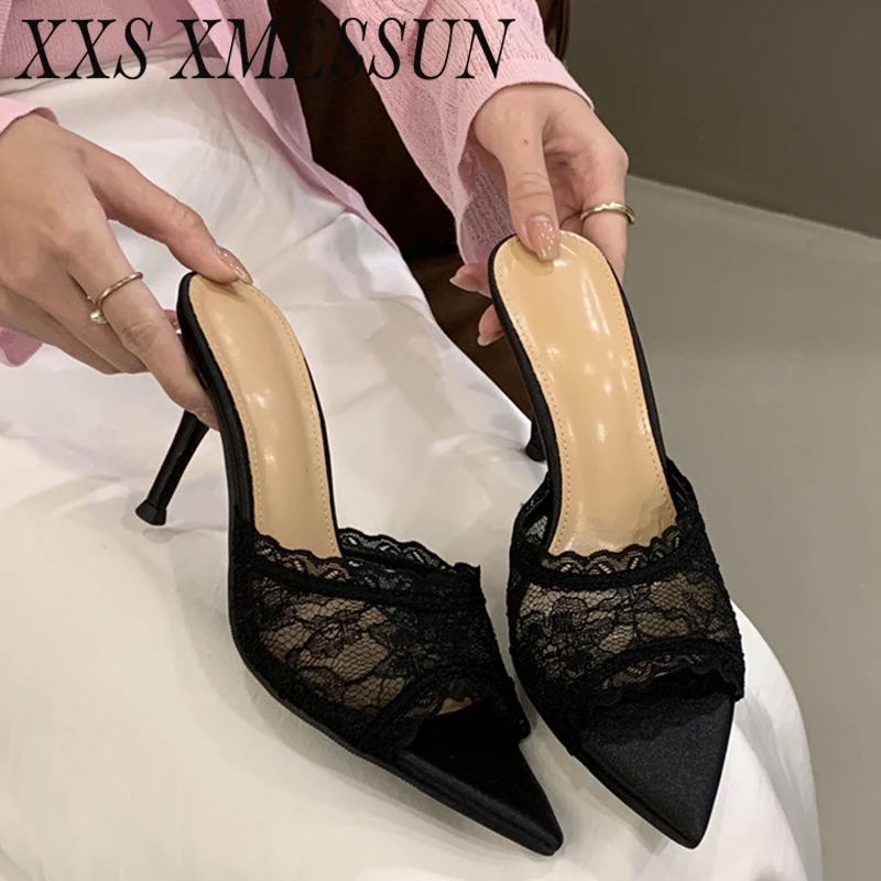 

XXS XMESSUN 2026 New Women's Fashion Black Lace Mule Heels - Mesh Pointed Toe Slip-On Stiletto Sandals