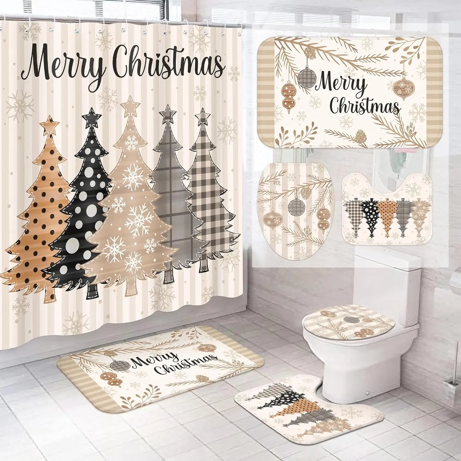 

4 Pcs Christmas Shower Curtains Set Stripes Pine Trees Xmas Bathroom Set, Christmas Tree Shower Curtain with 12 Hooks Non Slip