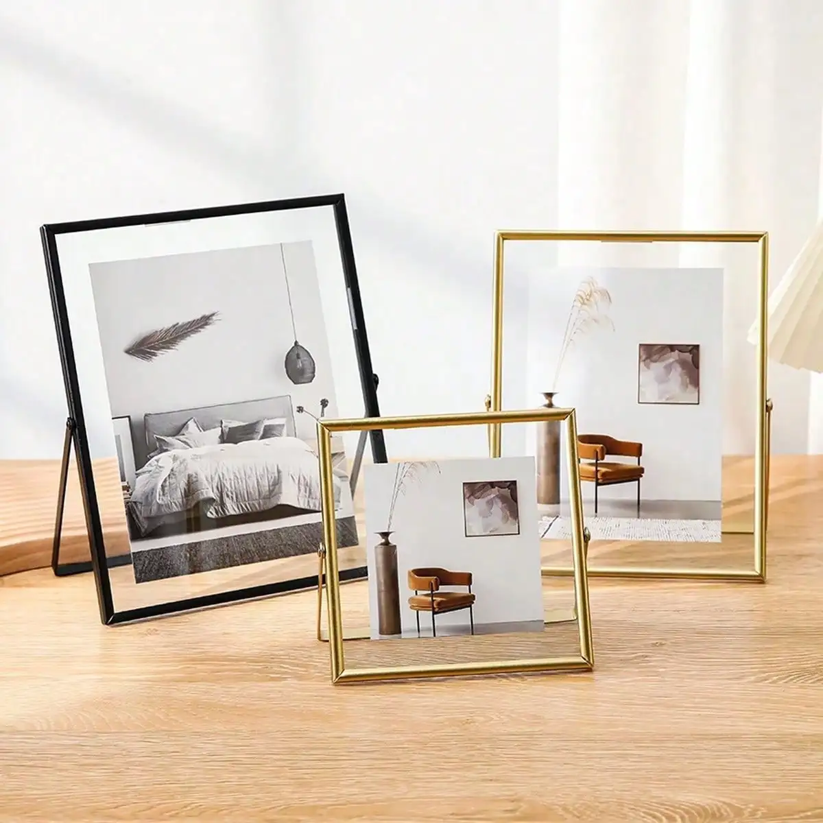 4/6-Inch Metal Photo Frame Gold/Black Rectangular Acrylic Transparent Surface Foldable Desktop Decor for Home