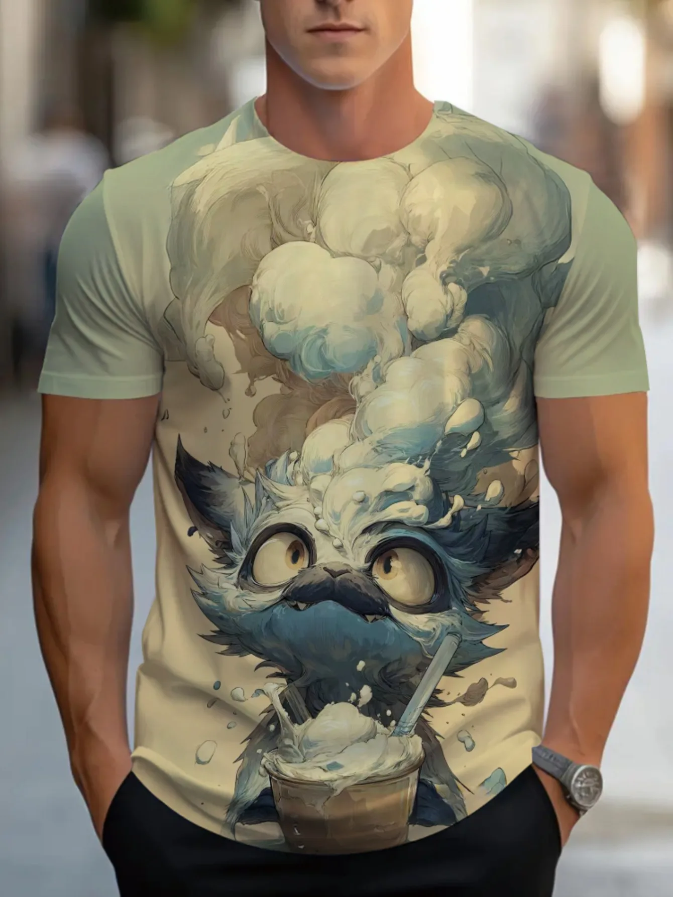 Camiseta con estampado 3D de acuarela de Men Fluffy Monster Foamy Milk Coffee Drink, cuello redondo, manga corta, informal