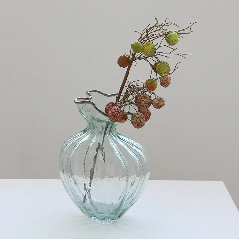 Nordic fatto a mano bocca ondulata pizzo bolla verde collo storto grande pancia vaso di zucca modello camera soggiorno