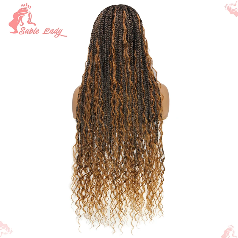 Bohemian Cornrow tranças peruca de renda para mulheres negras, perucas trançadas sintéticas, trançado Knotless Box, 1B27 Full Lace Trançando cabelo, 32"