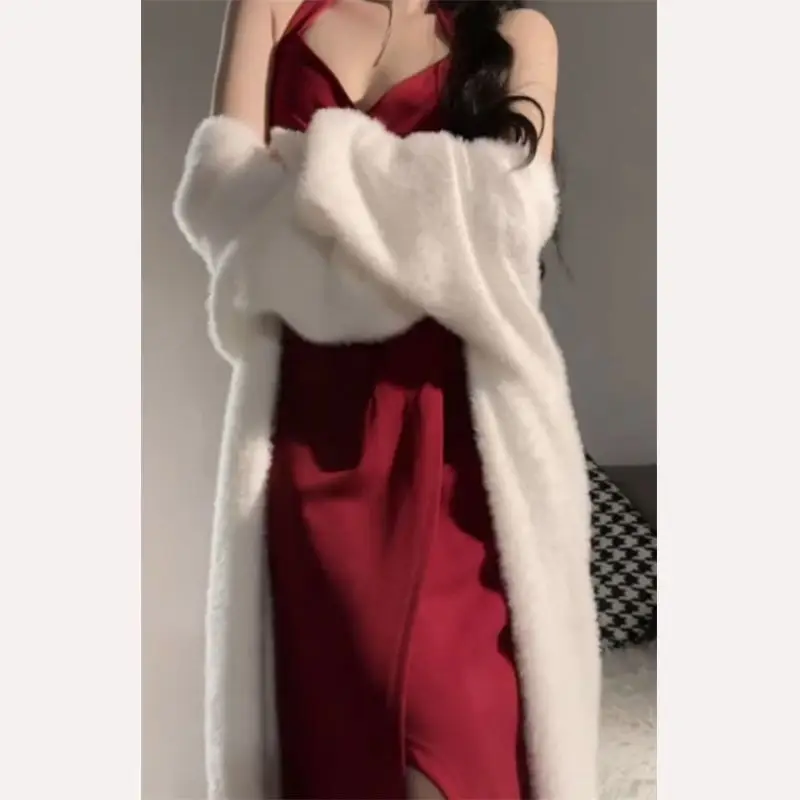 Two Piece Luxury Temperament Women White Sweater Red Dress Set Fashion Casual Elegant Chic Sexy Midi Bodycon Sling Dresses Suit