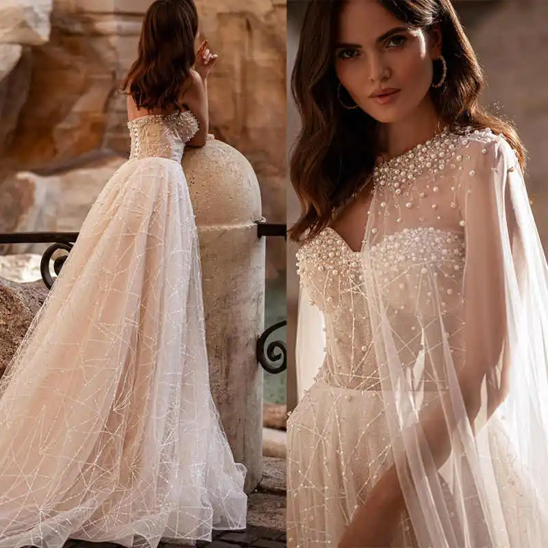 

Gorgeous A Line Wedding Dresses With Strapless Appliques Beads Lace Bling Sequins Bridal Gowns Special Ocn Sweep Train Vestido