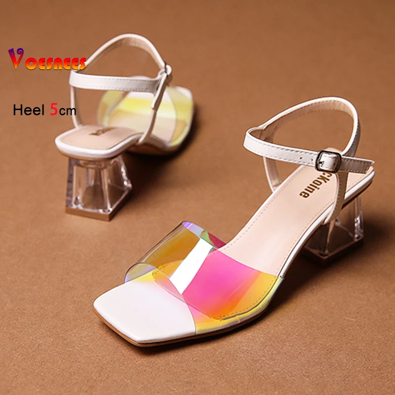

Женские сандалии на прозрачном хрустальном каблуке 5 см, летние прозрачные туфли, меняющие цвет, повседневные туфли на высоком каблуке с квадратным носком