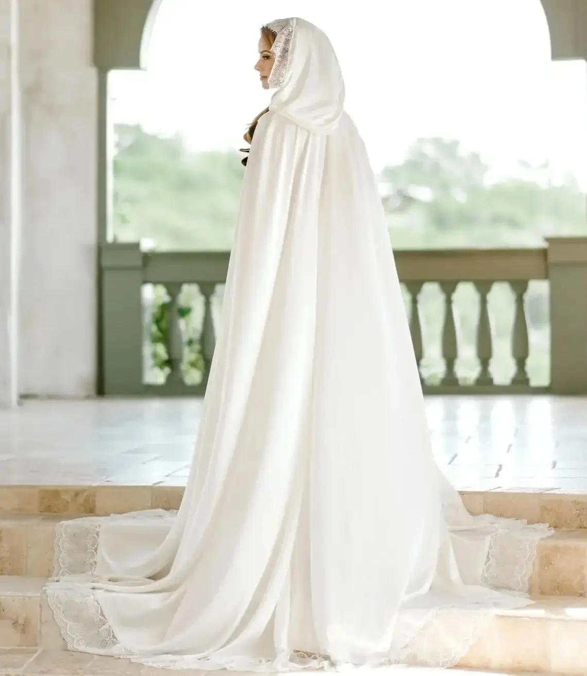 White Silk Bridal Cape Long Hooded Wedding Cloak Lace Custom Made Bride Bolero Wedding Wrap Jacket