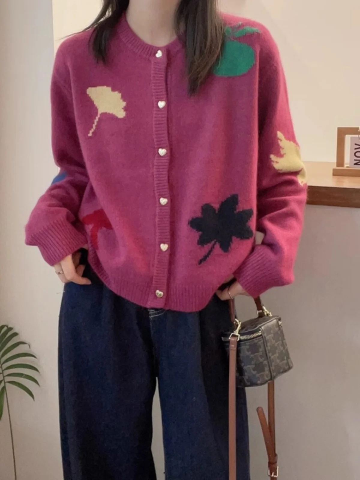 

Autumn Winter round Ne Long Sve Knitted Open Cardigan Ele Small Batch Single Button Print Design Camere Top Women