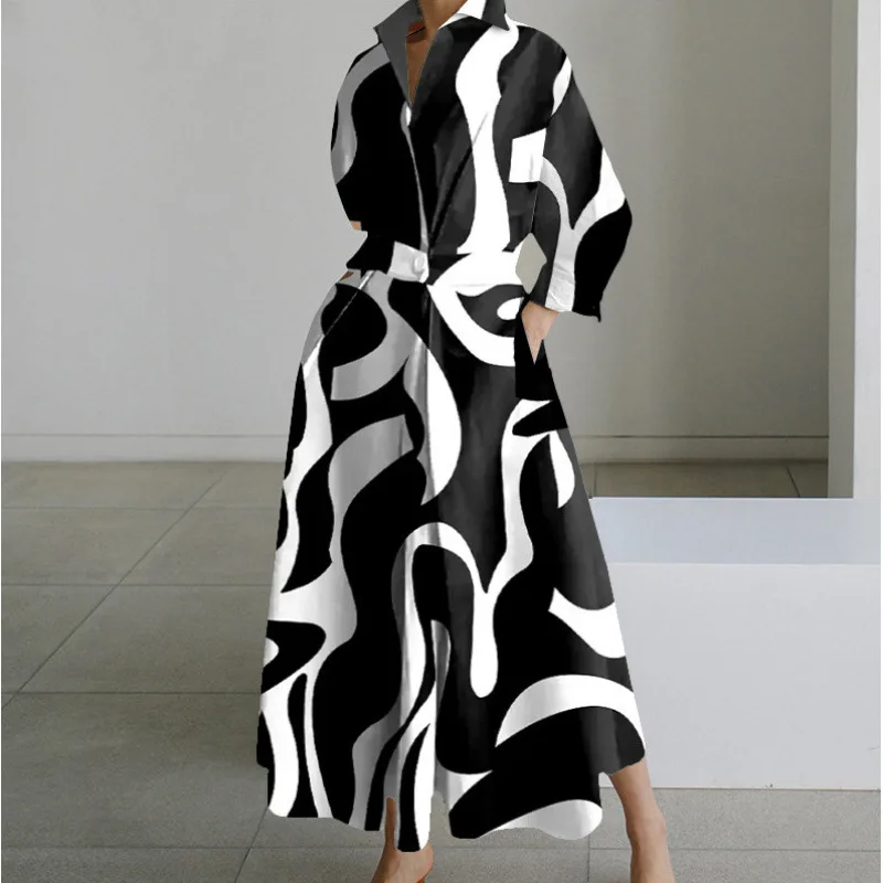 Fashion Letter Printed Shirt Collar Dress for Women High Street Trend Casual Loose Big Swing Dresses Female Clothing
