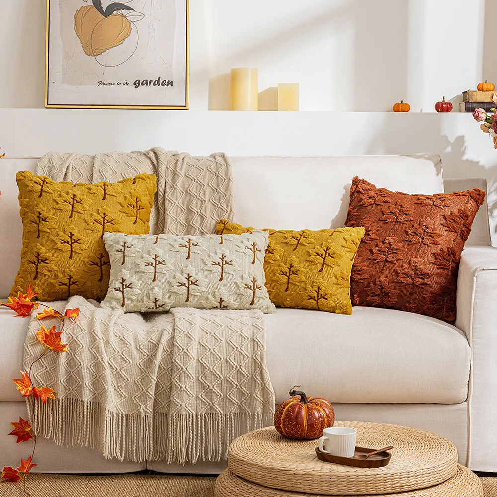 Maple Leaves Cushion Cover Mustard Ivory Brown Plush Embroidery Autunm Fall Decoration Pillow Case 30x50cm 45x45cm 50x50cm