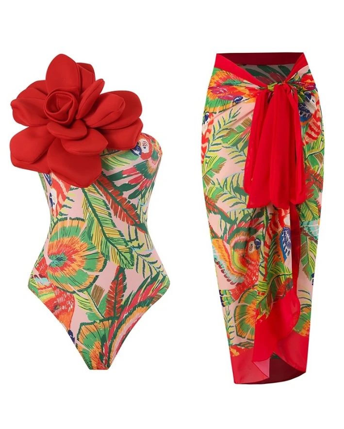 

Summer Sexy Set Women 2 Pieces Fashion Floral Detail One Piece Swimsuit with Cover Up Tropical Print Chiffon Casual Women Outfit