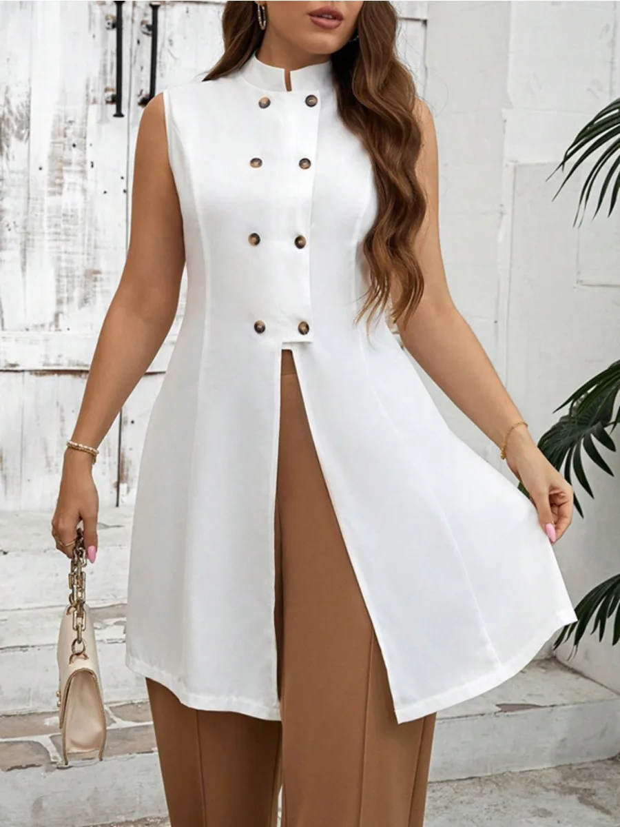 

Missuoo Women's Stand Collar Extra-long Vest Tops Double-breasted Split-front Loose Fit Casual T-shirt Split-Side Shirts