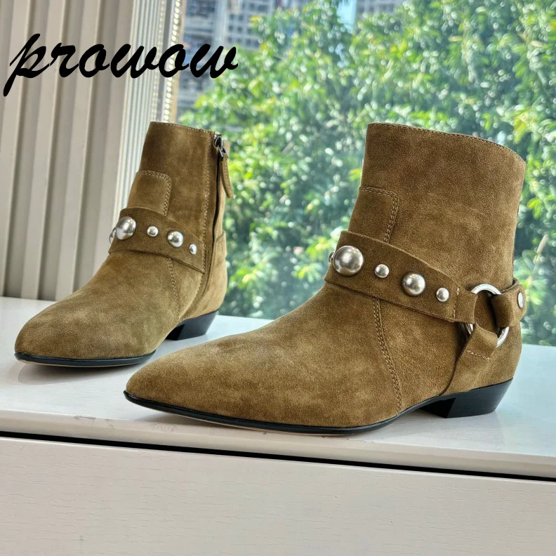 

Prowow/Новые замшевые ботильоны с шипами, ковбойские сапоги, женская обувь на плоской подошве с ремешком на щиколотке, Zapatos Mujer