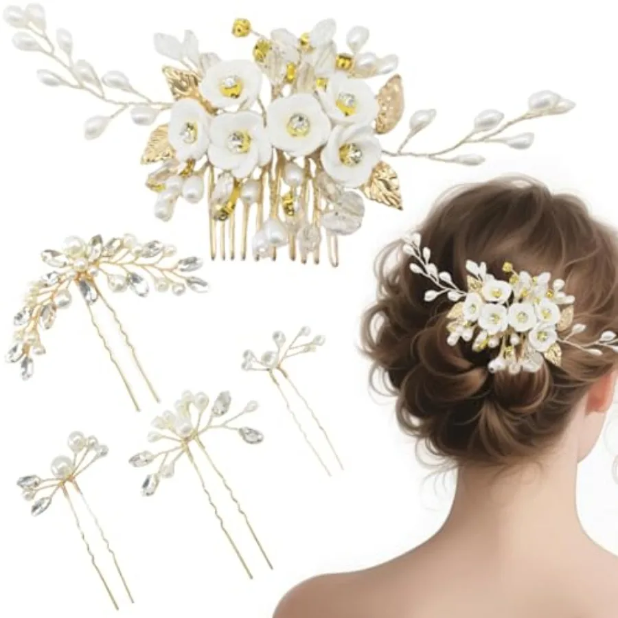 

5 PCS Elegant Leaf Flower Wedding Hair Comb Bridal Headpiece with Pearl Crystal Hair Accessories for Women