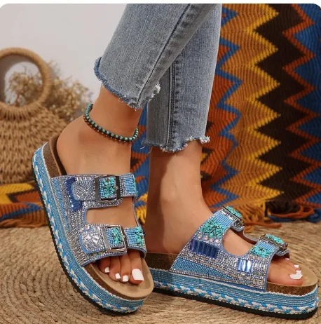 New Women\'s Rhinestone Thick Sole Twine Double Buckle Sandals, Soft Comfortable Women\'s Beach Slippers Large size YM4-928-1